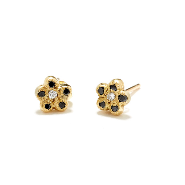 yellow gold black diamond newflower studs