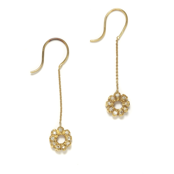 yellow gold flower child dangling earrings