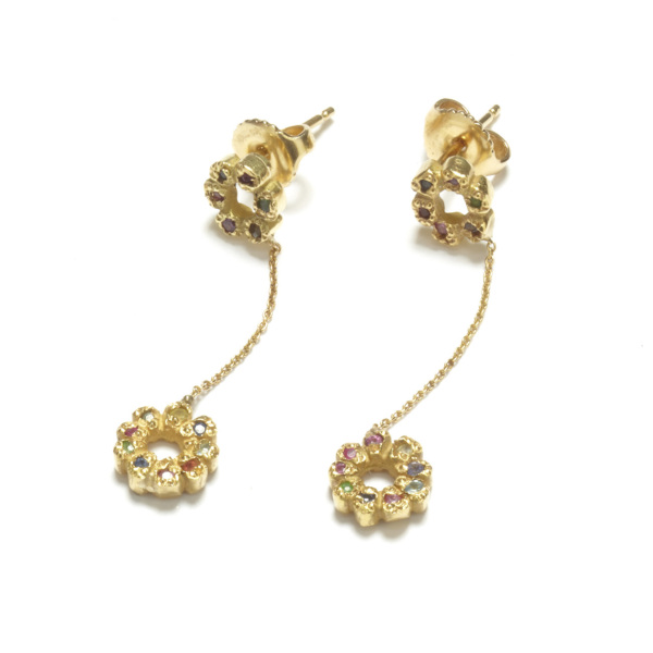 yellow gold multicolor flower child dangling earrings on posts