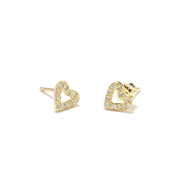 custom tiny open heart studs - seen in 14k yellow gold with diamonds