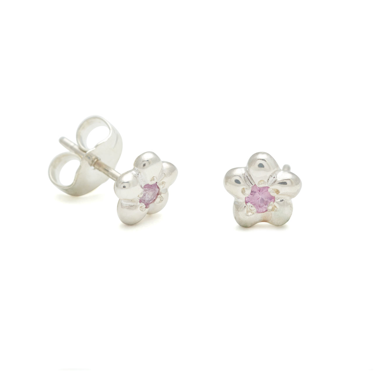 Sterling Silver Newflower Stud Earrings With Pink Sapphire