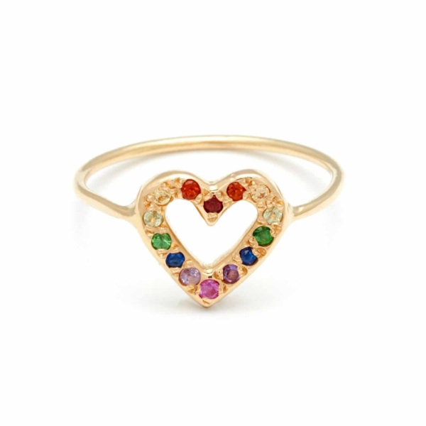 Yellow Gold Open Heart Ring with Rainbow Gems - Elisa Solomon Jewelry