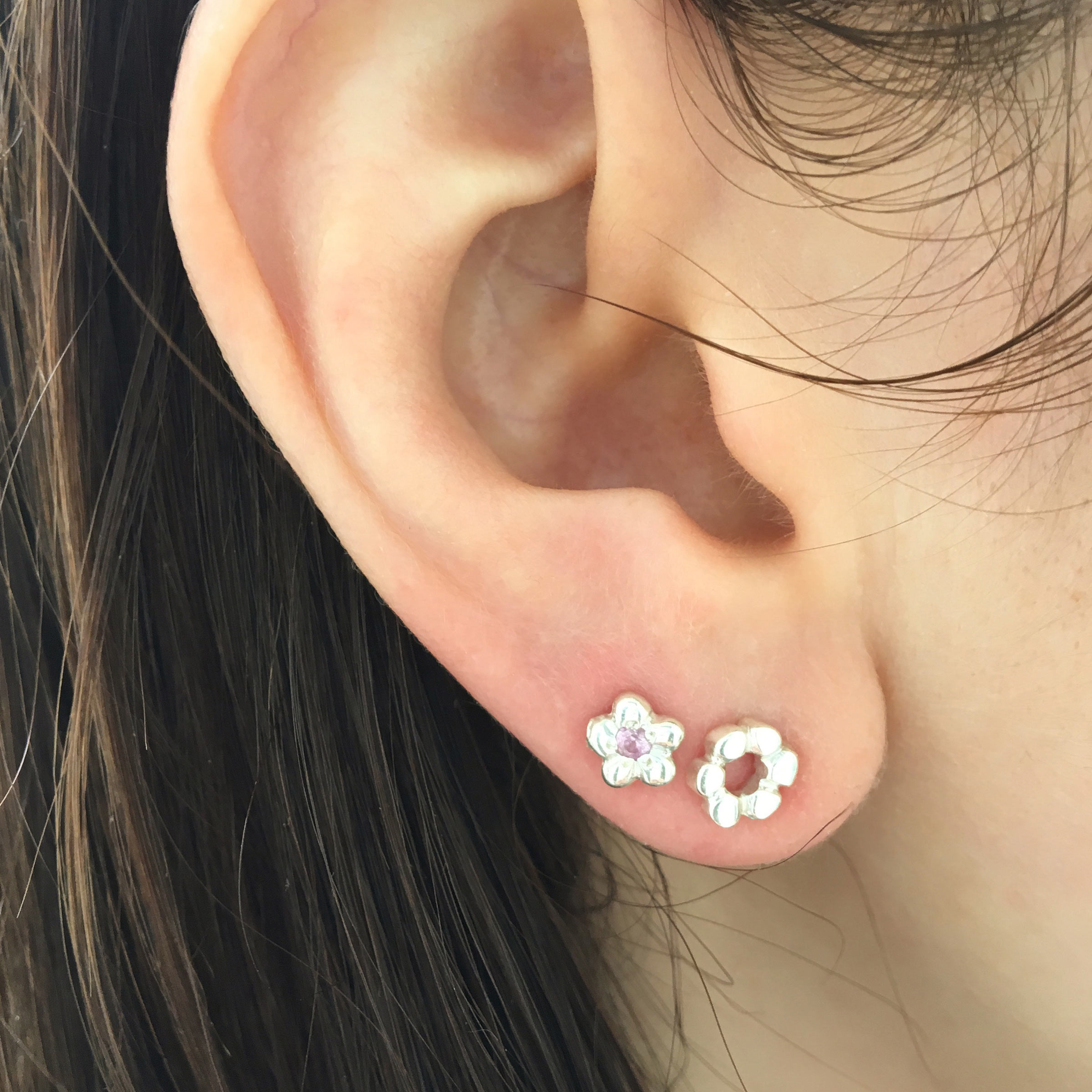 Sterling Silver Newflower Stud Earrings With Pink Sapphire