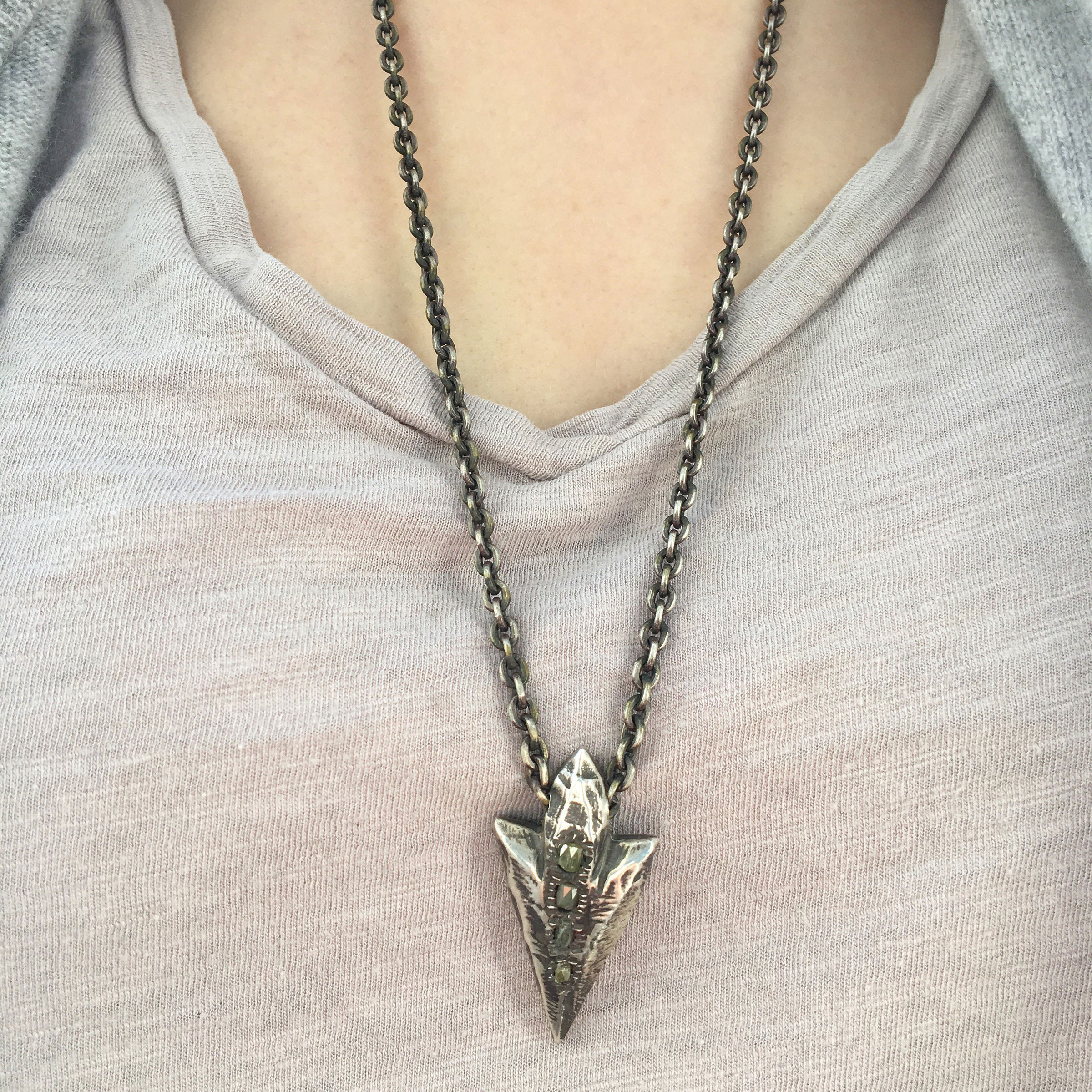 Blackened Sterling Silver Arrowhead Necklace With Four Rough Diamonds
