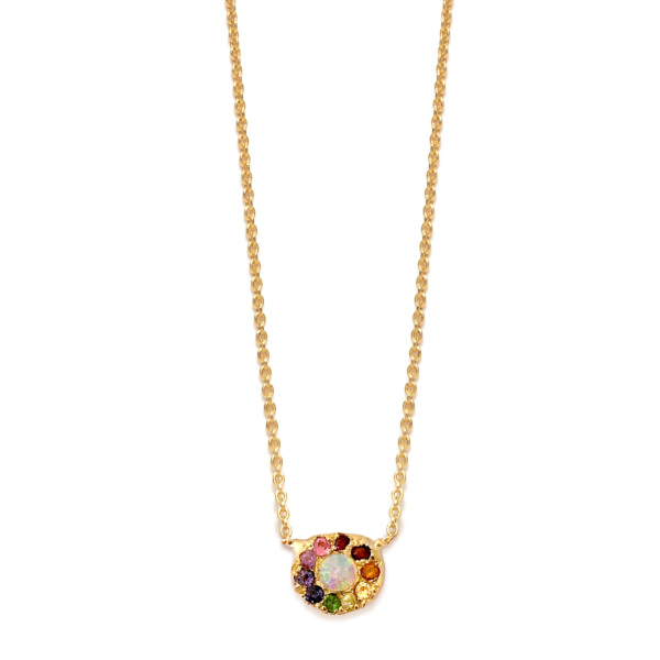 Yellow Gold Opal Rainbow Disk Necklace