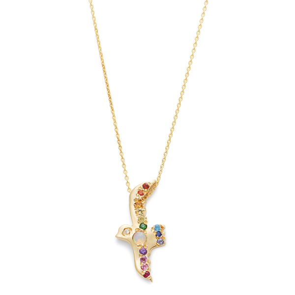 Opal Rainbow Flying Bird Necklace yellow gold