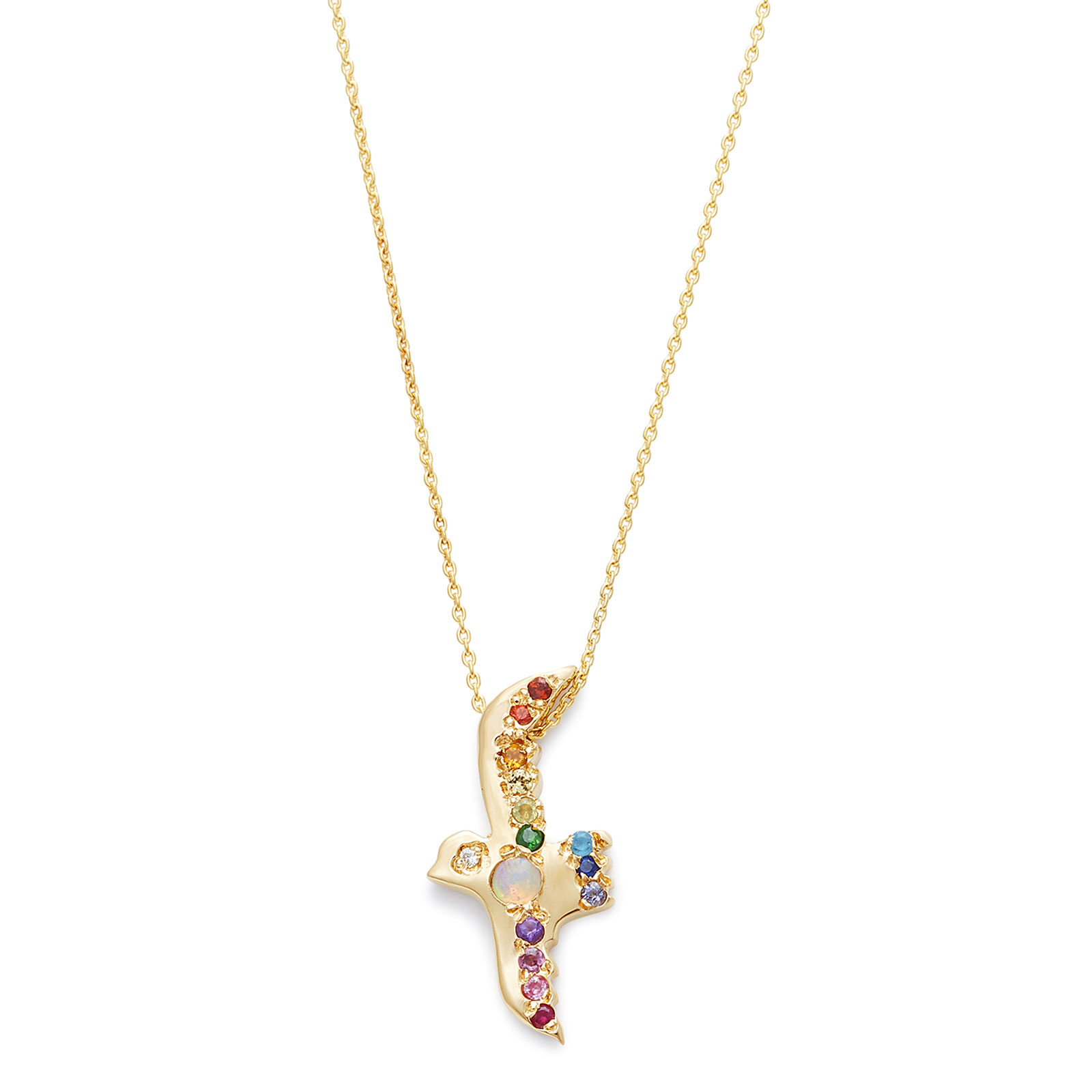Opal Rainbow Flying Bird Necklace yellow gold