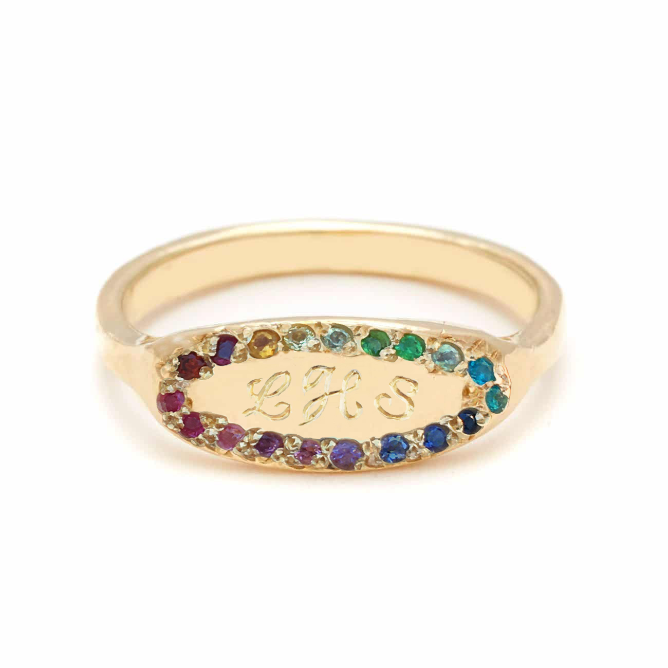 rainbow oval signet engraved ring band