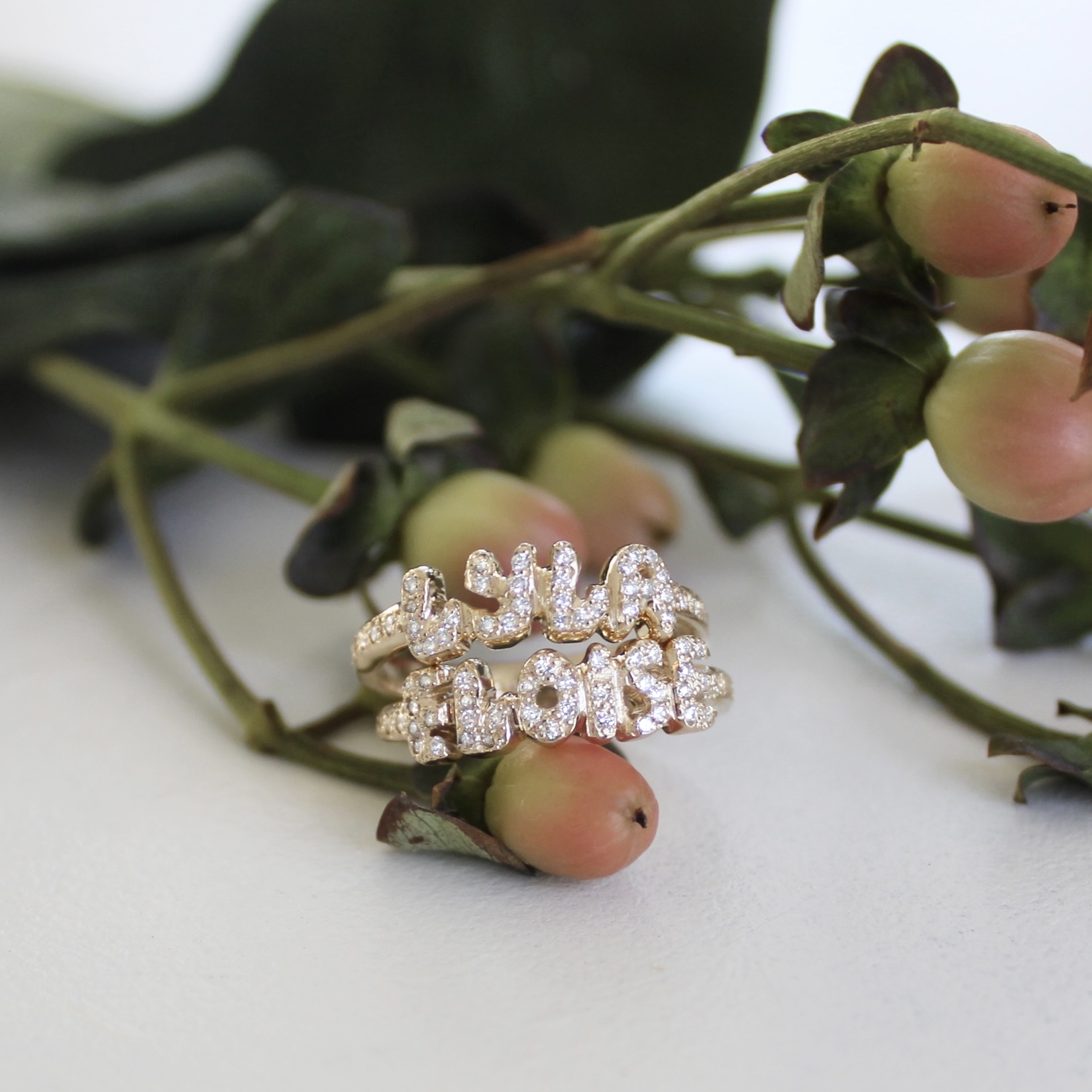White Diamond Encrusted Custom Name Ring