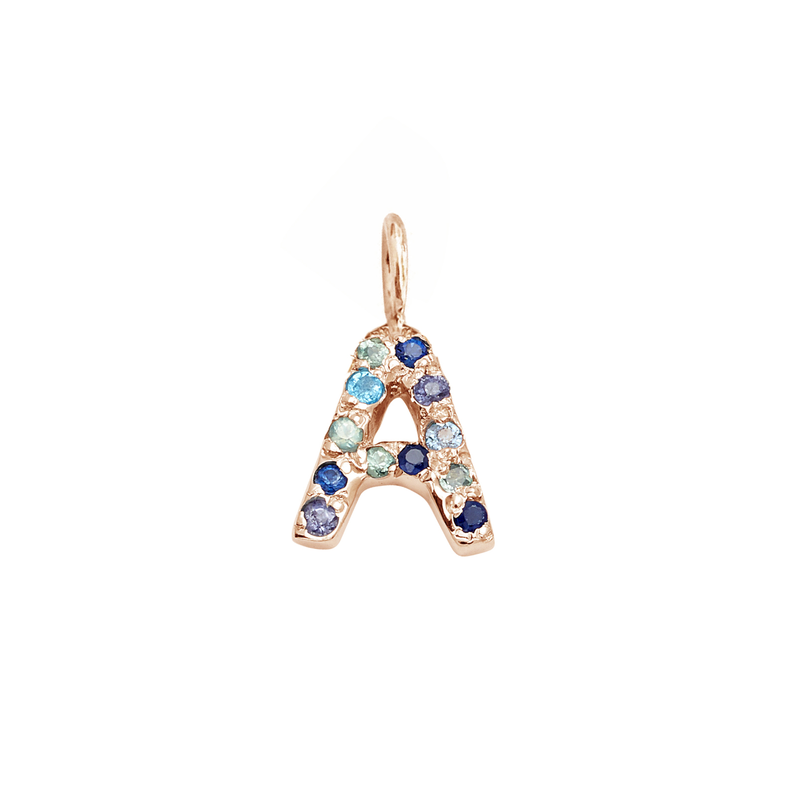 Letter Charm Pendant with Blue Hue Gems in 14k Pink Gold