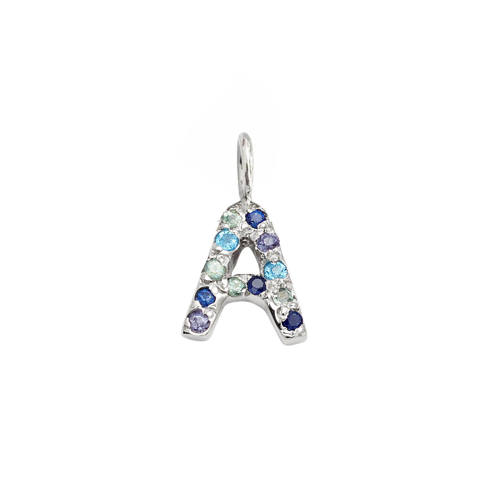 Letter Charm Pendant with Blue Hue Gems in 14k White Gold