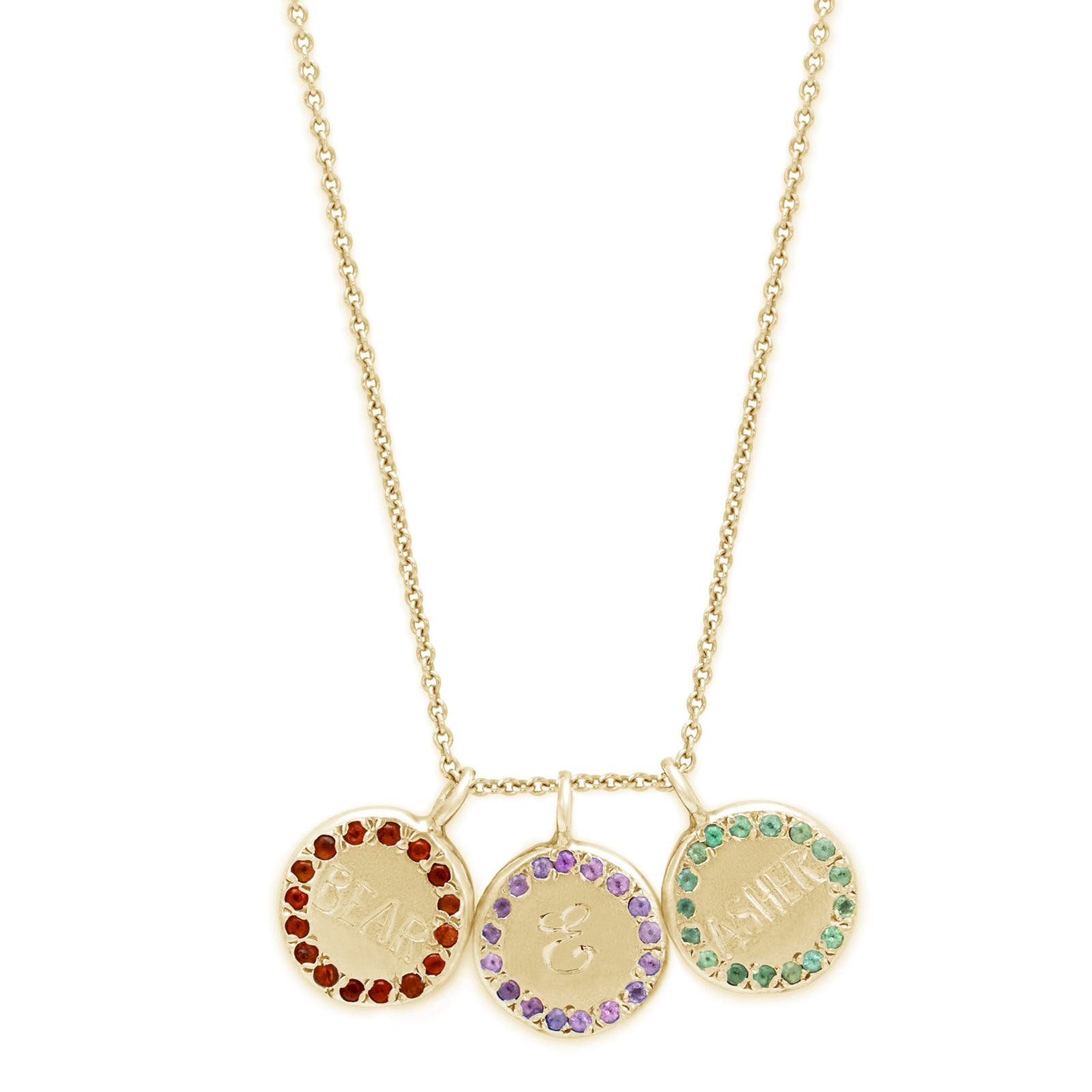 Custom Circle Necklace - Personalized Engraving and choose gemstones - 3 circles in yellow gold