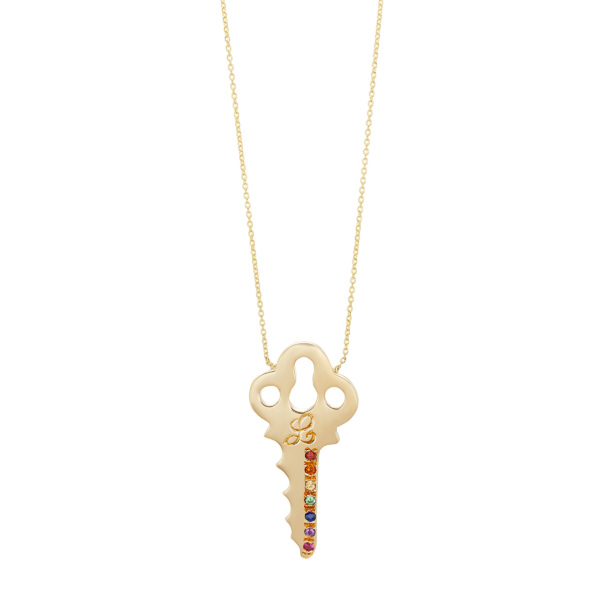 Key Necklace Customizable in Yellow Gold with Gemstones