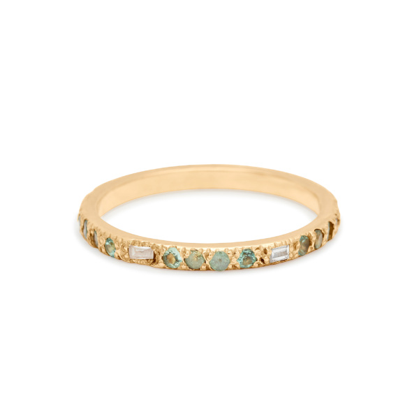 Custom Baguette Band in 18k yellow gold with diamonds and gemstones personalized