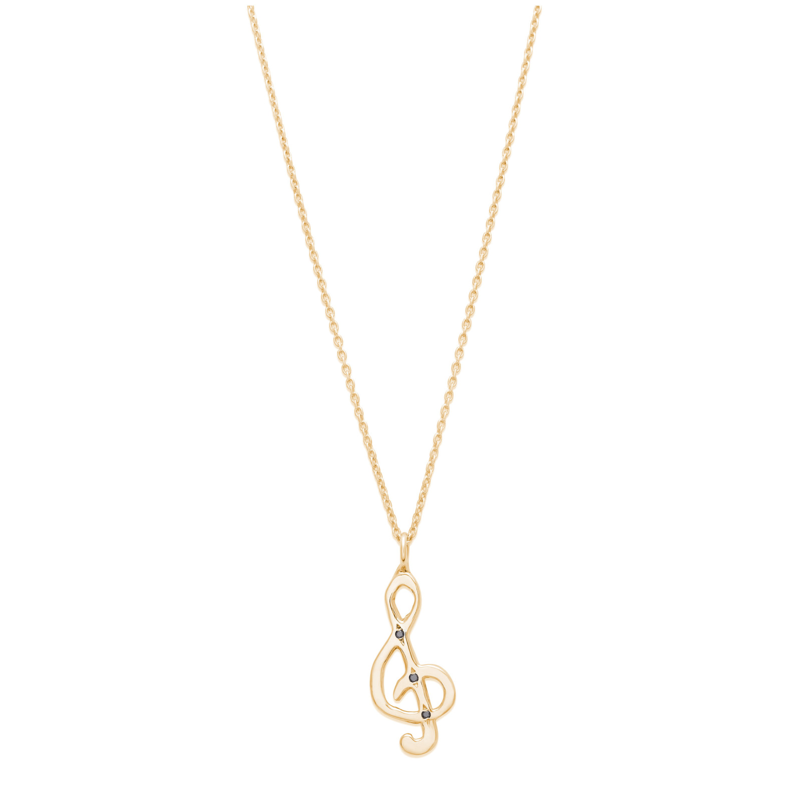 Treble clef music note charm necklace in 14k yellow gold with black diamonds