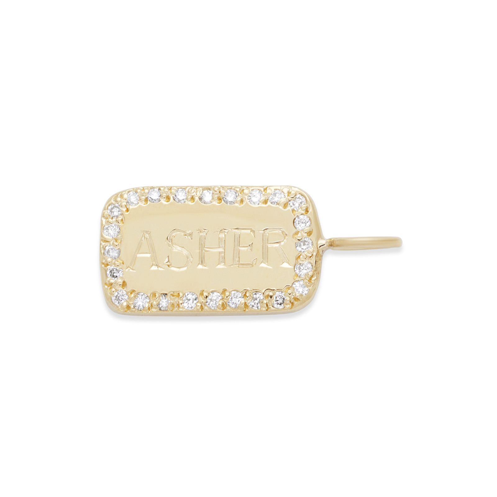 Custom Gold ID Tablet Engraving Charm with personalized diamonds in 14k yellow gold