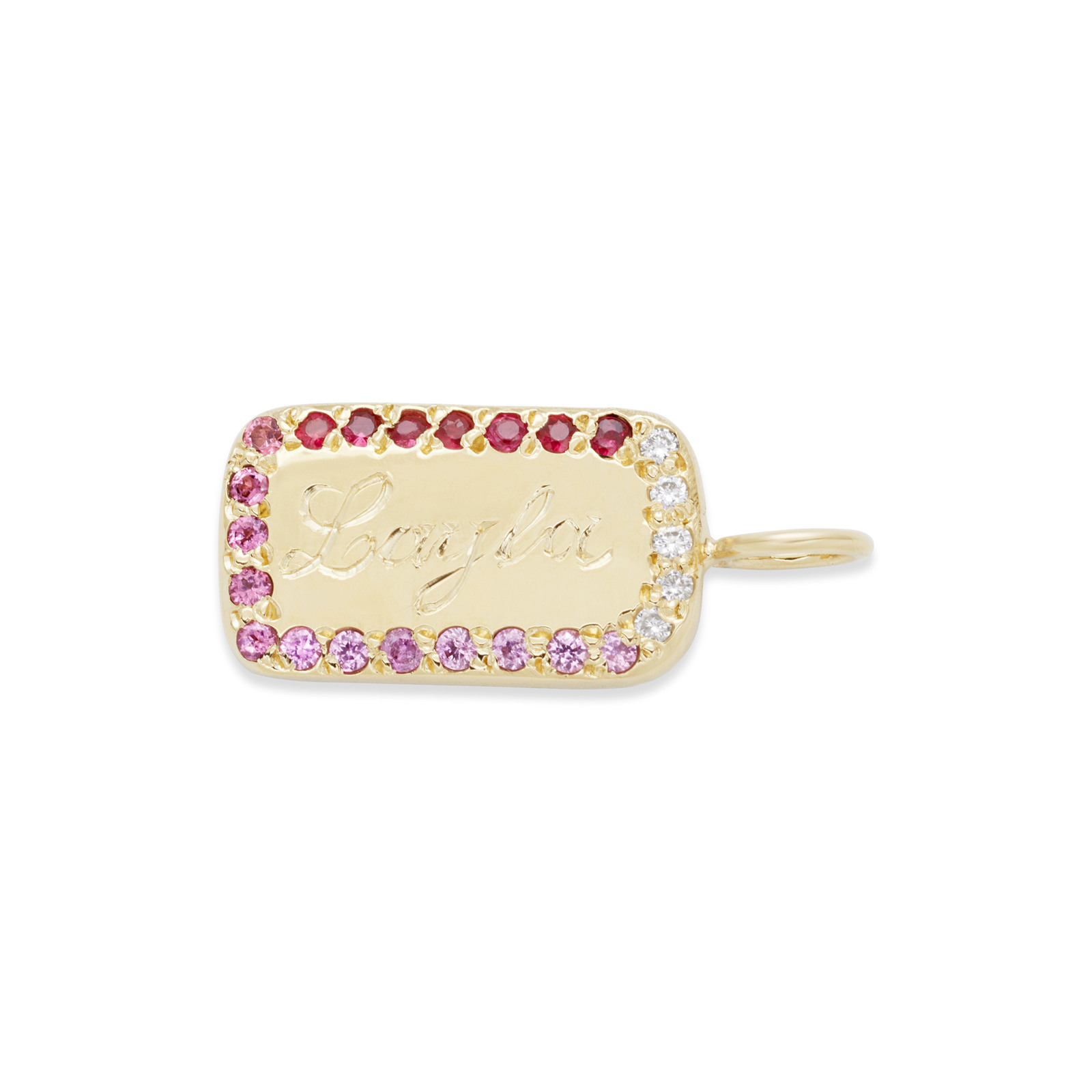 Custom Gold ID Tablet Engraving Charm with personalized birthstones in 14k yellow gold