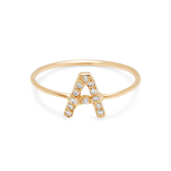 Letter Ring - 14k Yellow Gold and White Diamonds - Letter A