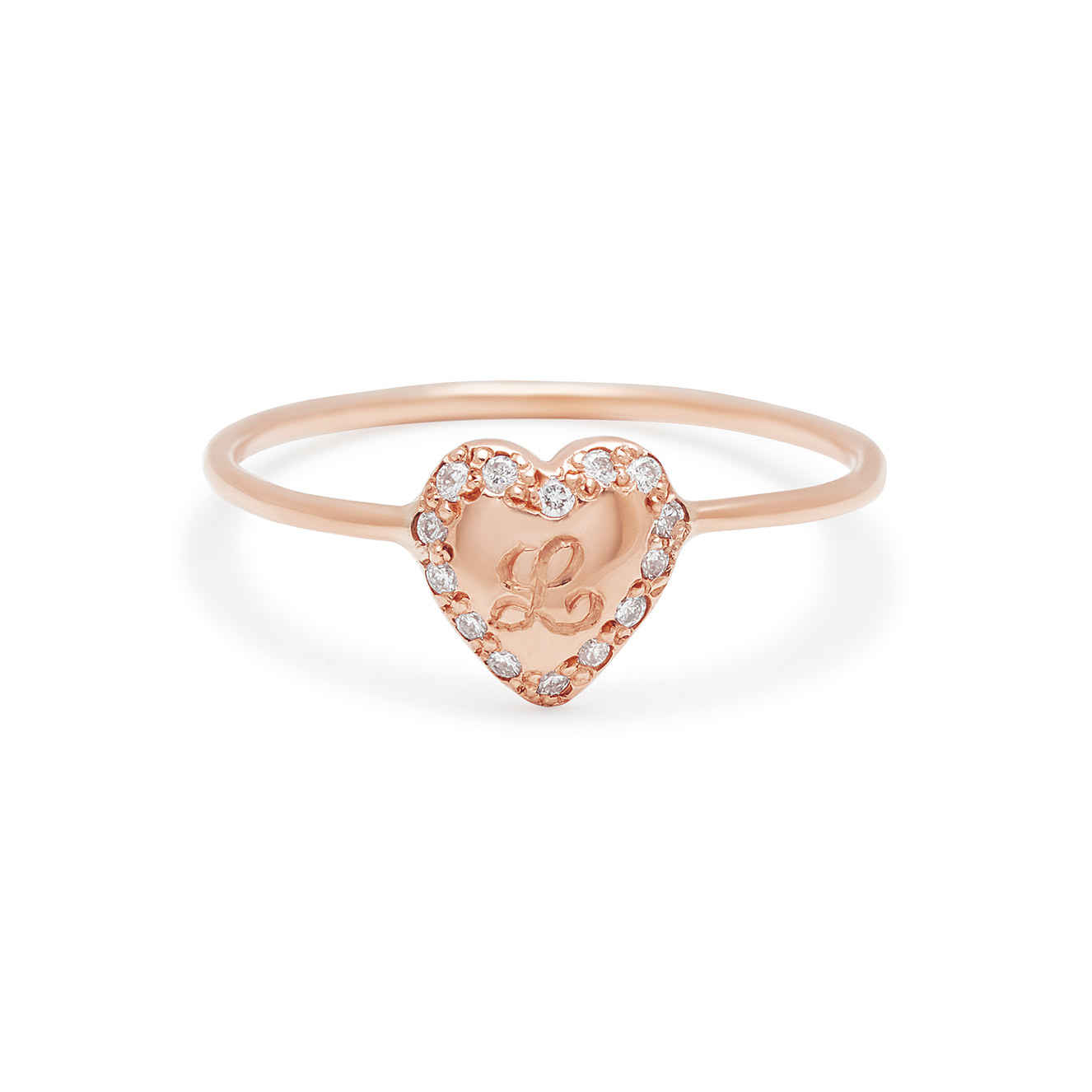 Personalized Engraved Diamond Heart Ring in 14k pink gold with diamonds