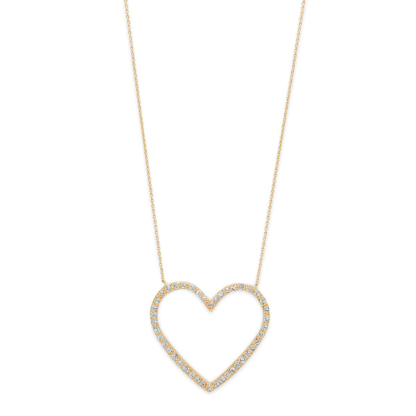 Gold Large Open Heart Necklace with Diamond in 14k Yellow Gold - Close-up view