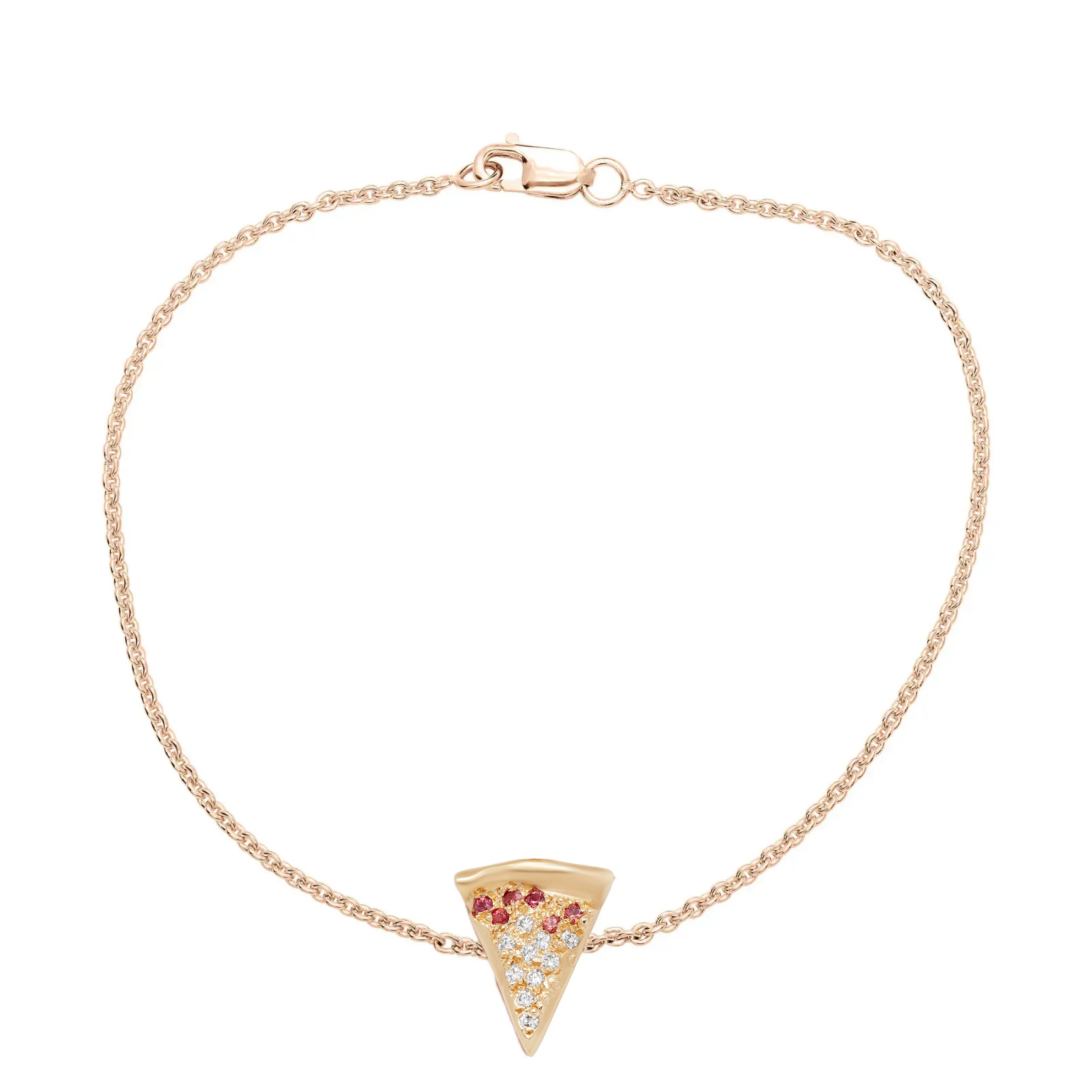 gold pizza bracelet with white diamonds cheese and red sapphire sauce