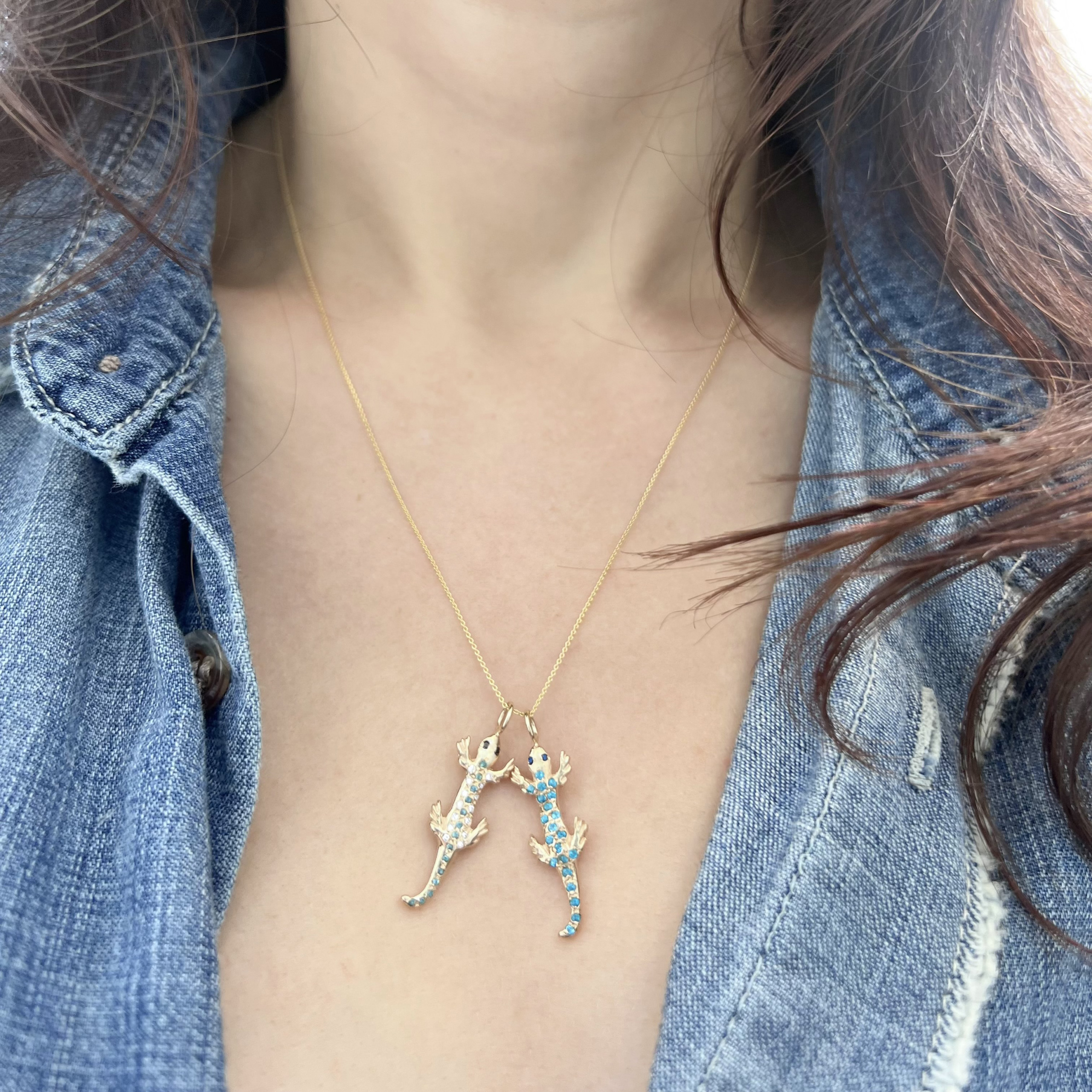 wearing both of the salamander charms by Elisa Solomon