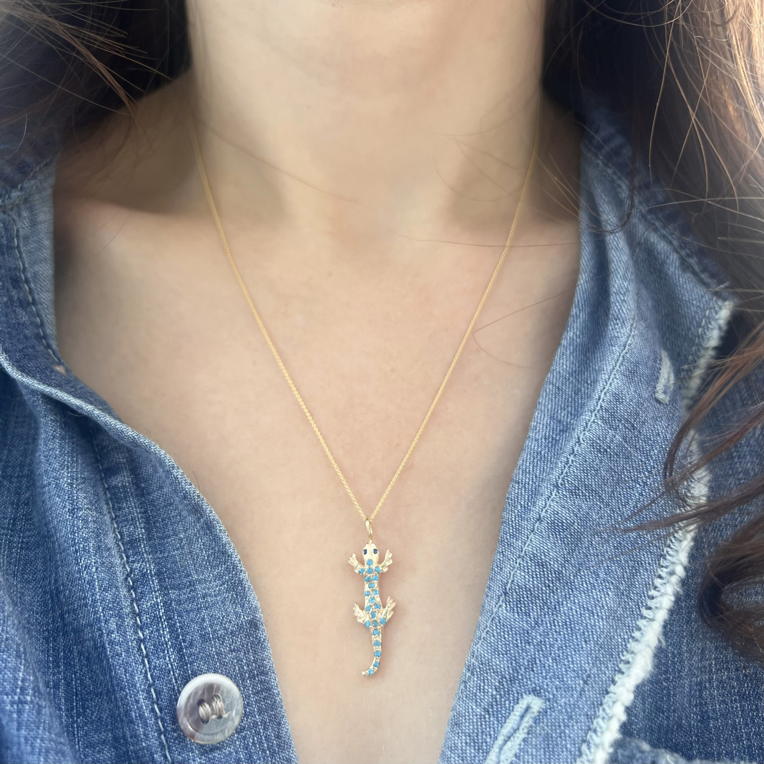 wearing the blue sapphire apatite gold salamander charm