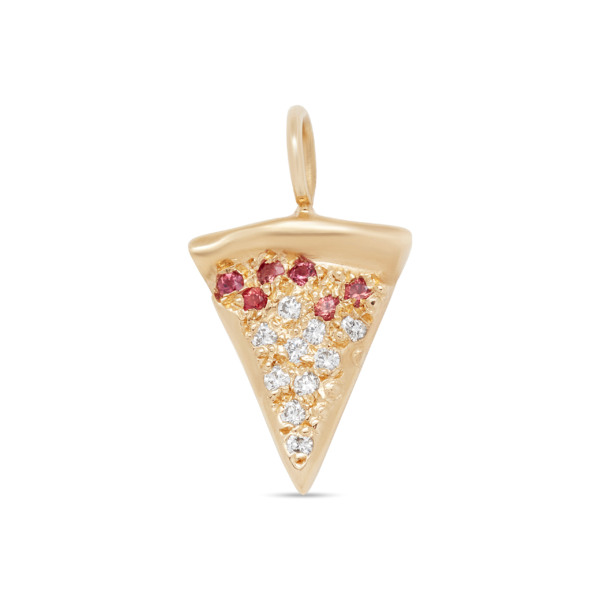 gold pizza charm with white diamond cheese and red sapphire sauce