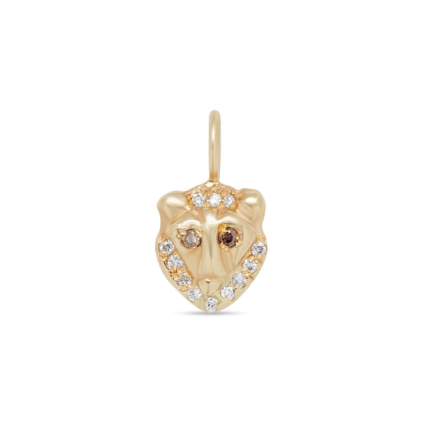 gold lion charm earring with brown diamond eyes and white diamond mane