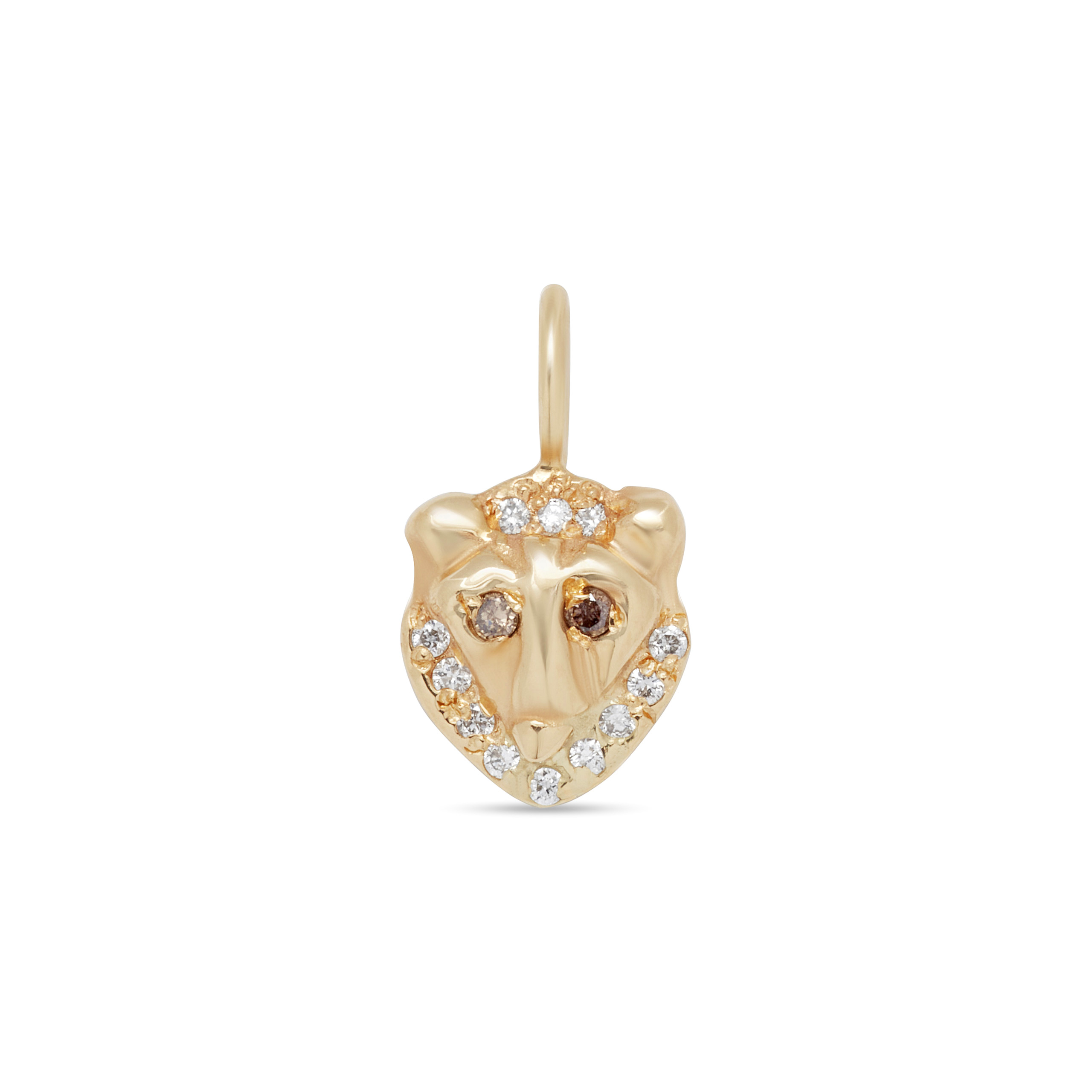 gold lion charm earring with brown diamond eyes and white diamond mane