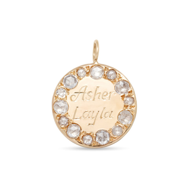 Large Circle Charm with engraving in the center. 14k Gold with Diamonds