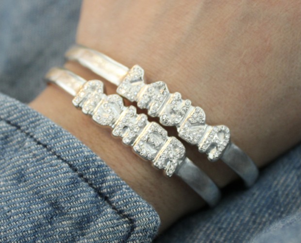 Wearing the diamond name cuff bracelet in sterling silver