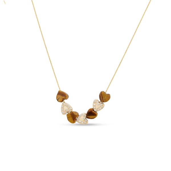 Diamond Heart Bead Necklace with Tiger's Eye Heart Beads on a white background