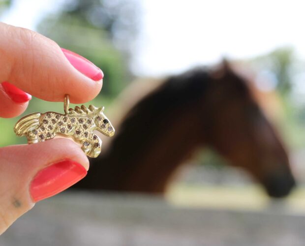 holding up a gold horse charm in the foreground with a horse in the background
