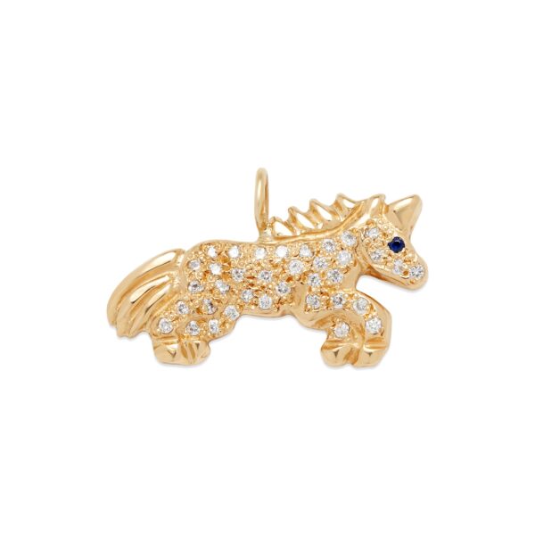 Unicorn charm in 14k yellow gold with white diamonds on the body and blue sapphire eye
