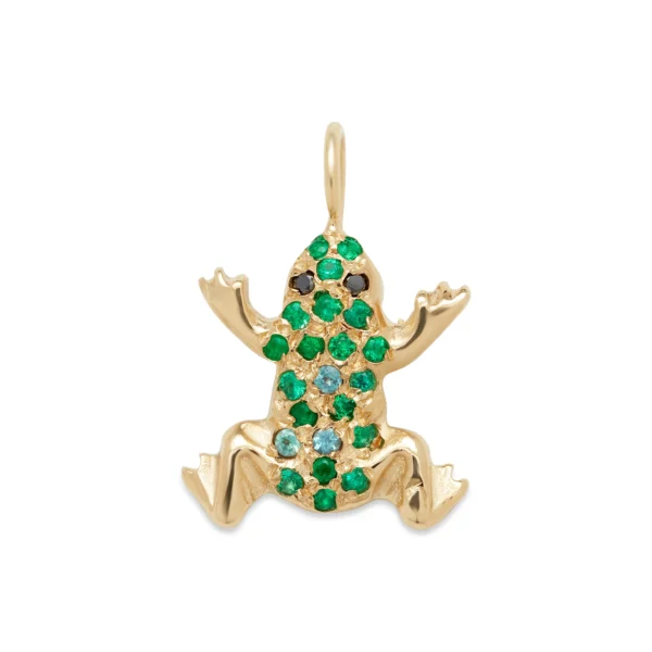 Gold Frog Charm with yellow sapphire eyes and a blue sapphire and apatite body