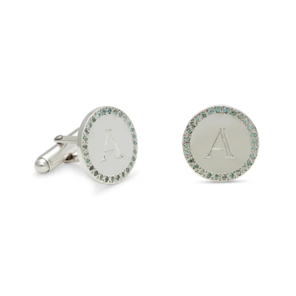 sterling silver large circle birthstone cufflinks with custom initial engraving in the center