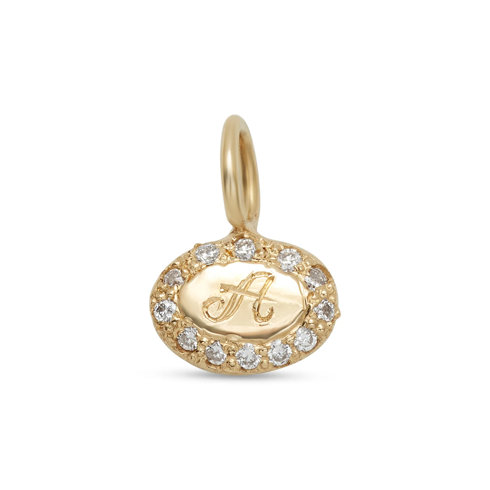 diamond encrusted teeny oval charm with custom initial engraving