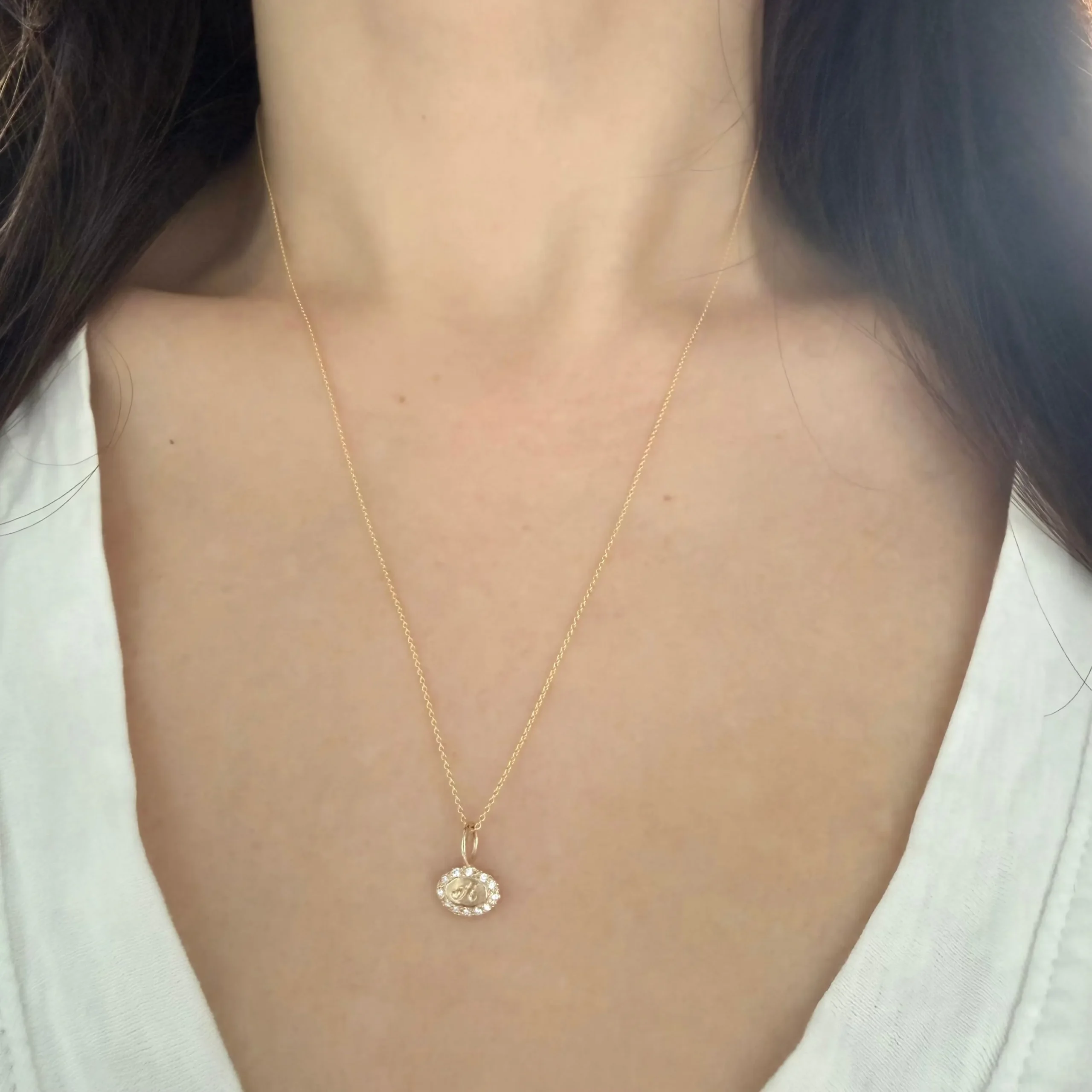 Engraved Diamond Encrusted Teeny Oval Charm